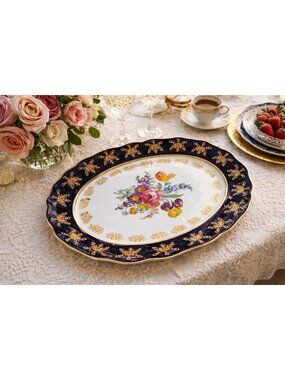 VTG Y2K A.I Czech Republic Porcelain Platter 14" Floral Cobalt Blue